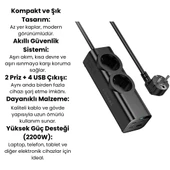 2 Priz + 4 USB Çıkışlı Akım Korumalı Çoklu Priz 2200W Güç, Hızlı Şarj Destekli, Kompakt Tasarım - 3