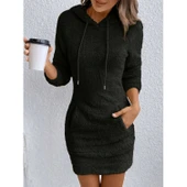 Lucky Life Kadın Uzun Kollu Kapşonlu Cepli Mini Peluş Elbise - 2