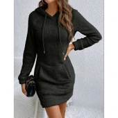 Lucky Life Kadın Uzun Kollu Kapşonlu Cepli Mini Peluş Elbise - 3