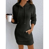 Lucky Life Kadın Uzun Kollu Kapşonlu Cepli Mini Peluş Elbise - 1