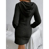 Lucky Life Kadın Uzun Kollu Kapşonlu Cepli Mini Peluş Elbise - 4