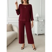 Lucky Life Kadın Uzun Kollu Bisiklet Yaka Pulpayetli Viskon Iki Iplik Bluz Ve Pantolon Ikili Takım - 1