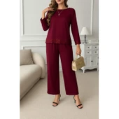 Lucky Life Kadın Uzun Kollu Bisiklet Yaka Pulpayetli Viskon Iki Iplik Bluz Ve Pantolon Ikili Takım - 2