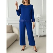 Lucky Life Kadın Uzun Kollu Bisiklet Yaka Pulpayetli Viskon Iki Iplik Bluz Ve Pantolon Ikili Takım - 1