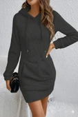 Lucky Life Kadın Uzun Kollu Kapşonlu Cepli Mini Peluş Elbise thumbnail 1