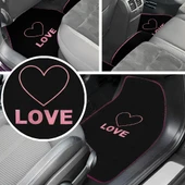 Kalp ve Aşk Desenli Pembe Nakışlı 5'li Oto Halı Paspas Seti / Love Yazı Detaylı Araba Paspas Takımı thumbnail 1