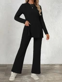 Kadın Uzun Kollu Bisiklet Yaka Yandan Yırtmaçlı şardonlu Kaşkorse Bluz Ve Pantolon Ikili Takım thumbnail 3