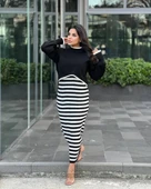 İkili triko elbise takım siyah beyaz thumbnail 1