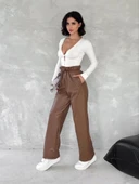 Kendinden ince kemerli deri pantolon kahve thumbnail 3