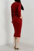 Fermuar detaylı fitilli şardonlu elbise bordo thumbnail 8