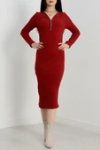 Fermuar detaylı fitilli şardonlu elbise bordo thumbnail 9
