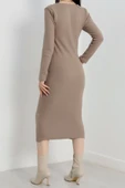 Fermuar detaylı fitilli şardonlu elbise bej thumbnail 14