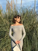 Madonna yaka uzun elbise şardonlu kumaş gri thumbnail 4