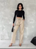 Kendinden ince kemerli deri pantolon bej thumbnail 11