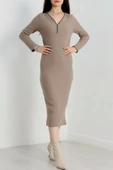 Fermuar detaylı fitilli şardonlu elbise bej thumbnail 15