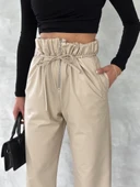 Kendinden ince kemerli deri pantolon bej thumbnail 16