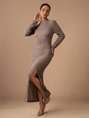 Yırtmaçlı kalın bürümcük uzun elbise vizon thumbnail 1