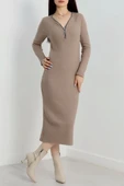 Fermuar detaylı fitilli şardonlu elbise bej thumbnail 5