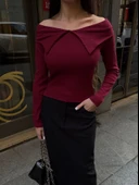 Kelebek yaka uzun kol bluz bordo thumbnail 1