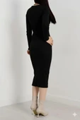 Fermuar detaylı fitilli şardonlu elbise siyah thumbnail 10