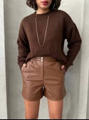 Beli lastikli çıtçıtlı deri şort kahve w241007 thumbnail 1