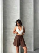 Volanlı keten şort kahve s255058 thumbnail 3