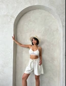 Volanlı keten şort bej s255058 thumbnail 6