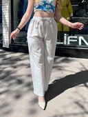 Bağcıklı keten pantolon krem thumbnail 1