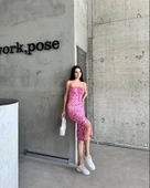 Kaşkorse Desenli askılı elbise thumbnail 3