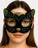 Siyah Kadife Kaplama Üzeri Sarı Yeşil Sim İşlemeli Kedi Maskesi 20x13 cm thumbnail 1