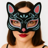 Siyah Renk Süet Kaplama Üzeri Mavi Kırmızı Simli Kedi Maskesi 17x14 cm thumbnail 1