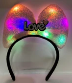 Led Işıklı 3 Farklı Fonksiyonda Yanan Gümüş Love Yazılı Toz Pembe Fiyonk Taç 20X17 cm thumbnail 1