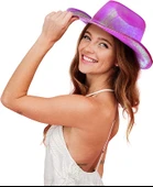 Neon Hologramlı Kovboy Model Parti Şapkası Fuşya Yetişkin 39X36X14 cm thumbnail 5