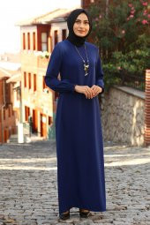 Kolyeli Tesettür Elbise - Saks - 1