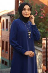 Kolyeli Tesettür Elbise - Saks - 2