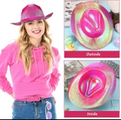 Neon Hologramlı Kovboy Model Parti Şapkası Fuşya Yetişkin 39X36X14 cm thumbnail 4