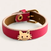 14 Ayar Altın Plakalı İsme Özel Kedi Figürlü Doğal Pembe Derili Hediye Bileklik-634 thumbnail 1