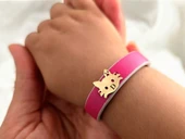 14 Ayar Altın Plakalı Harfe Özel Doğal Pembe Derili Kedi Figürlü Hediye Bileklik-634 thumbnail 2