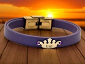 14 Ayar Altın Plakalı İsme Özel Taç Figürlü Koyu Mor Derili Hediye Bileklik-636 thumbnail 1