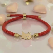 14 Ayar Altın Plakalı Harfe Özel Turuncu İpek Örgülü Kedi Motifli Hediye Bileklik-635 thumbnail 1