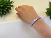 14 Ayar Altın Plakalı İsme Özel Taç Figürlü Koyu Mor Derili Hediye Bileklik-636 thumbnail 2