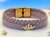 14 Ayar Altın Plakalı İsme Özel Taç Motifli Açık Mor Derili Hediye Bileklik-637 thumbnail 1