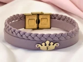 14 Ayar Altın Plakalı Harfe Özel Açık Mor Derili Taç Motifli Hediye Bileklik-637 thumbnail 1