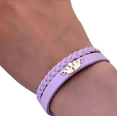 14 Ayar Altın Plakalı Harfe Özel Açık Mor Derili Taç Motifli Hediye Bileklik-637 thumbnail 3