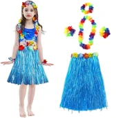 pilelistore Yetişkin ve Çocuk Uyumlu Hawaii Luau Aloha Mavi Püsküllü Etek Kolye Taç ve 2 Adet Bileklik Seti - 1