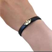 14 Ayar Altın Plakalı Harfe Özel Doğal Siyah Derili Taç Figürlü Hediye Bileklik-638 thumbnail 3