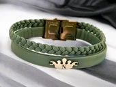 14 Ayar Altın Plakalı Harfe Özel Doğal Yeşil Derili Taç Figürlü Hediye Bileklik-640 thumbnail 1
