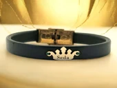 14 Ayar Altın Plakalı İsme Özel Taç Motifli Koyu Yeşil Derili Hediye Bileklik-639 thumbnail 1