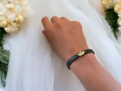 14 Ayar Altın Plakalı Harfe Özel Koyu Yeşil Derili Taç Motifli Hediye Bileklik-639 thumbnail 2