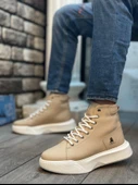 BA0155 Bağcıklı Erkek Yüksek Taban Krem Beyaz Taban Spor Bot - 2
